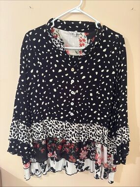 John Mark Black & White Mixed-Print Tiered Button Tunic with Floral Insets